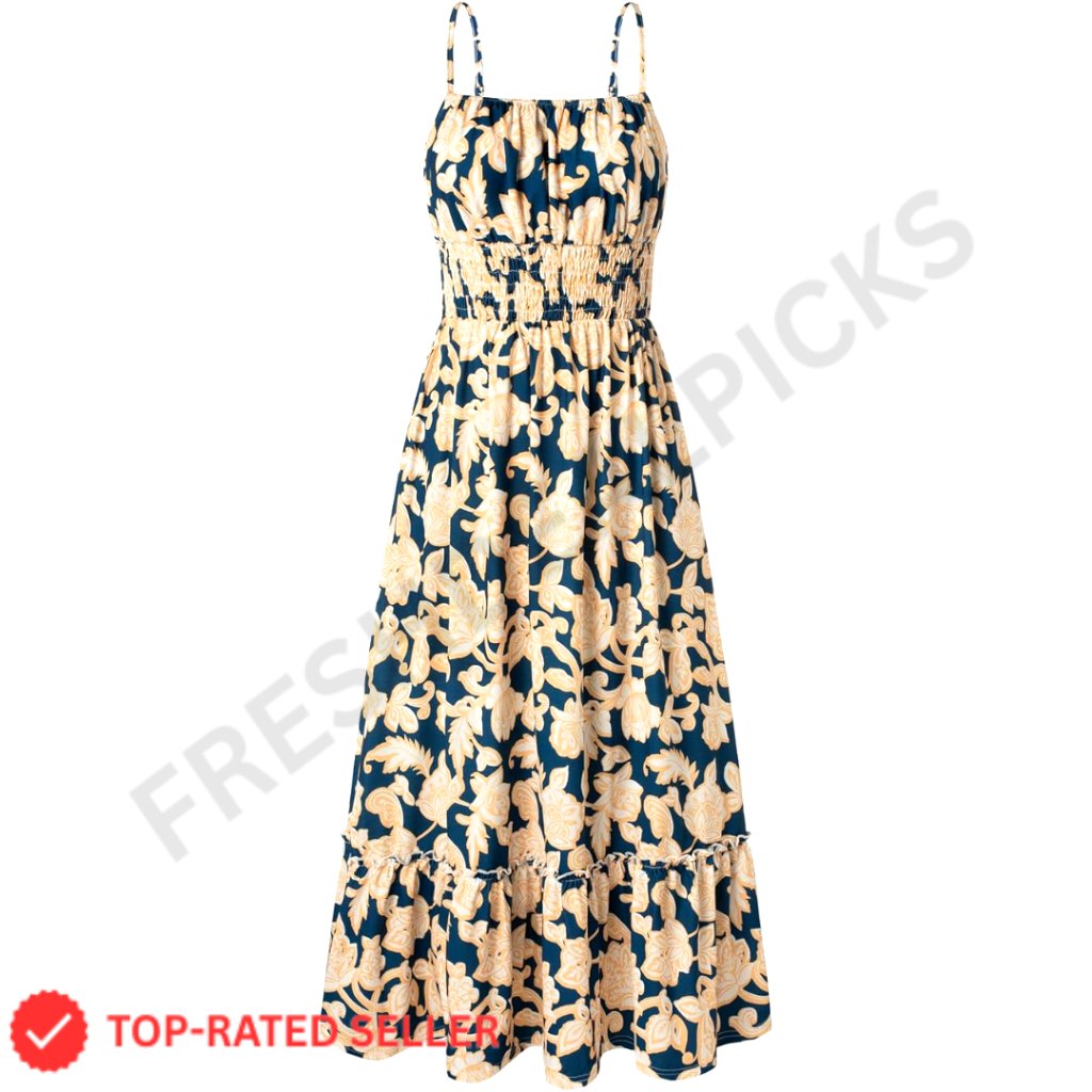 Boho Floral Maxi Dress With Pockets Smocked Waist Square Neck Beach Sundress